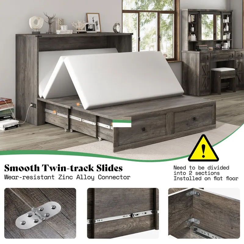 Kainice farmhouse murphy wall bed cabinet queen size solid wood bed with large storage drawers and charging station