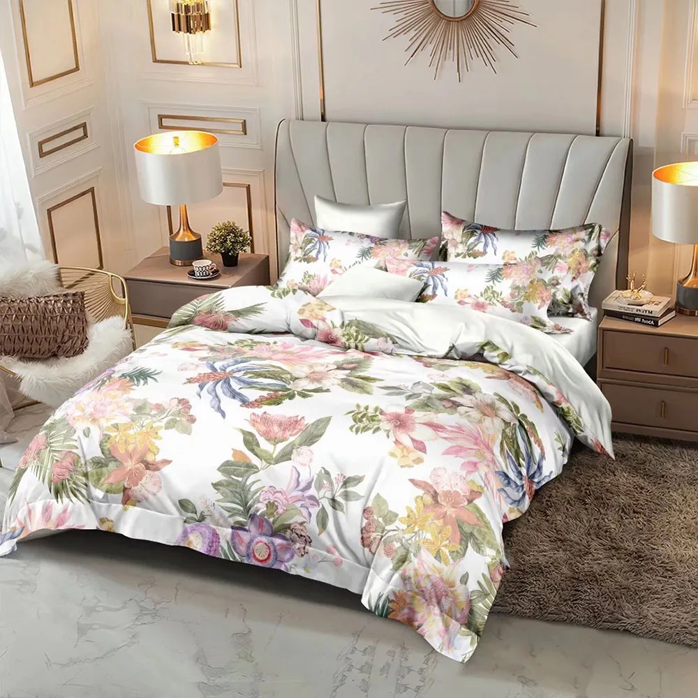 Custom Fabric Printing Bedding Brushed Micro Fibre Sheet Pillowcase Duvet Cover Sets With Flowers And Plants