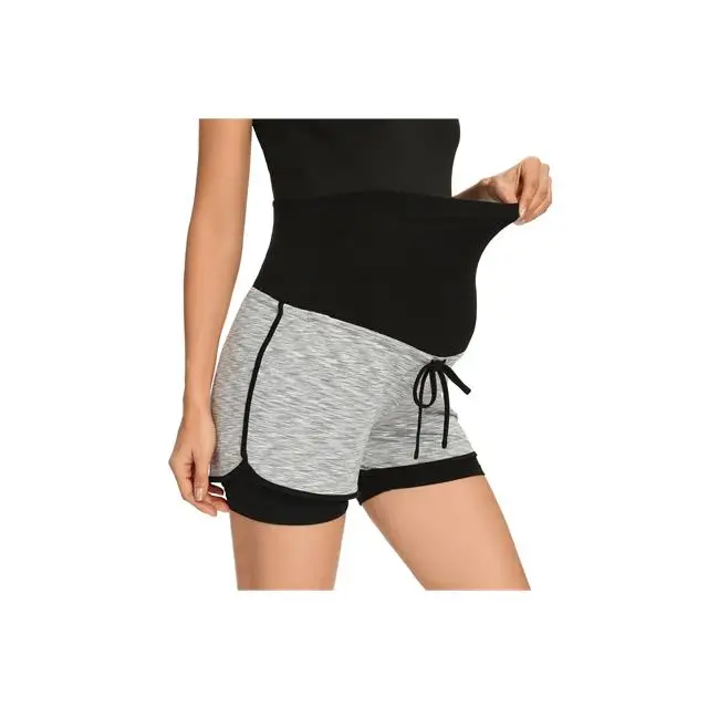 Hot Selling Over Belly Double Layer Maternity Yoga Shorts With Invisible Pockets