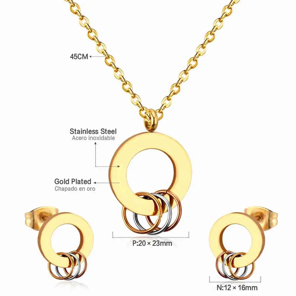Top Selling Women Necklace & Earring Jewelry Set Gold Stainless Steel Round Circle Jewelry Accessories Set