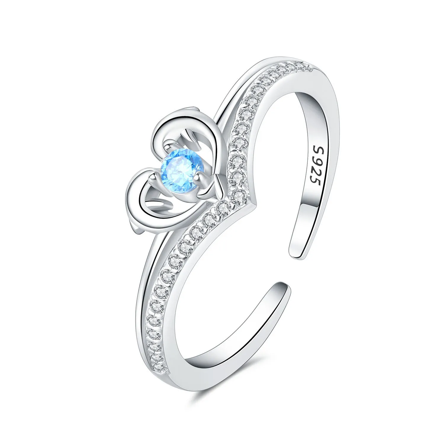 Elegant And Fashion Adjustable Open Ring 925 Sterling Silver Sea Blue Zirconia Love Heart Dolphin Index Finger Ring For Women