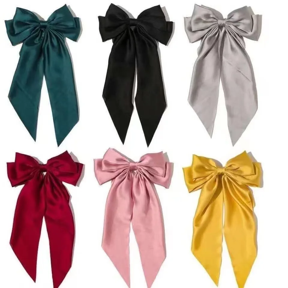 Top Custom logo Luxury Silk Satin Bow Duck Hairpins Accessories Girls Women Elegant Black Bowknot Hairgrips Long Bow Hair Clips