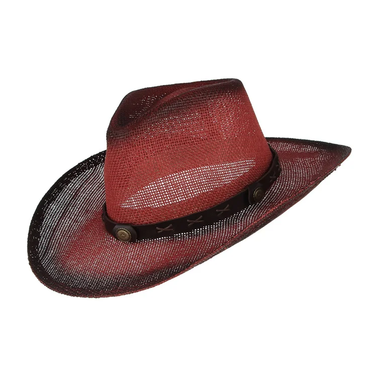 Fashion Men Wide Brim Spray Paint Jazz Gentleman Cap Sun Cowboy Hollow And Breathable Straw Hat