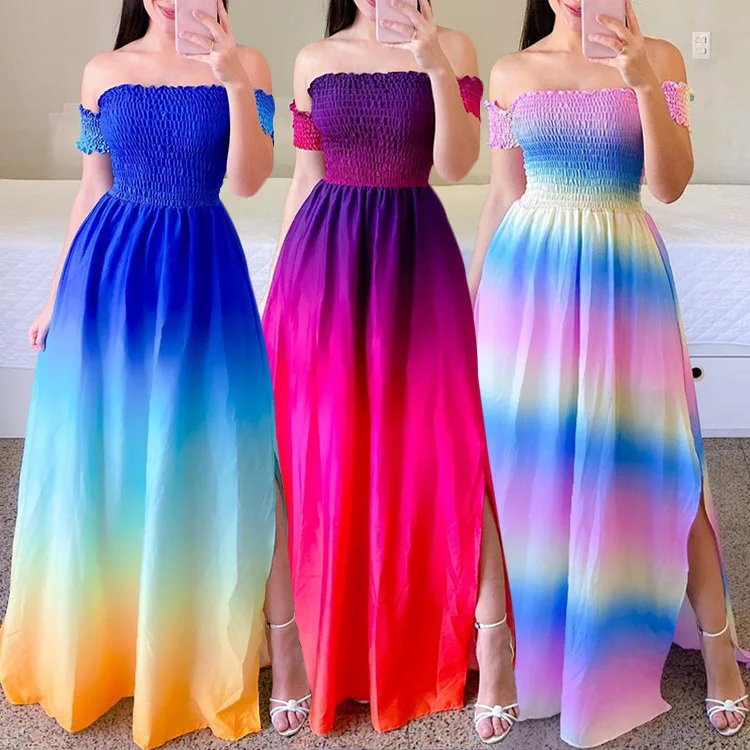 Women Elegant Floral Print Dress Off Shoulder Short Sleeve Pleated Maxi Dress Gradient Color Lady Summer A-line Dress