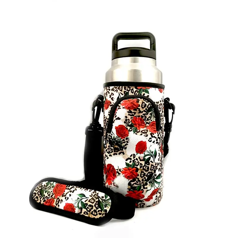 Fruit Pattern Neoprene Water Bottle Holder with Shoulder Strap Motivational 2.2 l Gallon Drinks Sleeve with and Phone Pouch