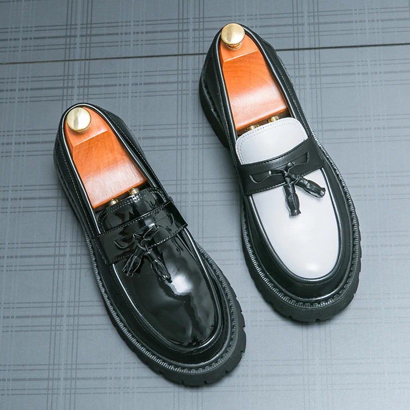Height Increasing Thick Sole Black+White Comfortable Dress Shoes Round Toe Classic Wedding Tassel Loafers Shoes for Men