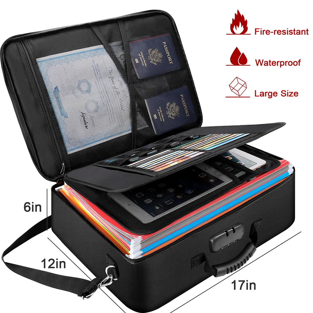 Water Resistant Fire Safe 3-Layer Zipper Closure Office Home Large Money Organizer Fireproof Document Bag With Lock For Laptops