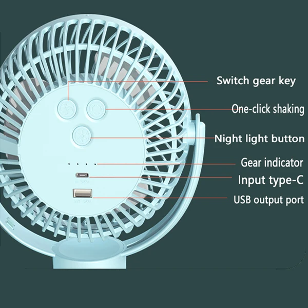 360 Degree Oscillation Home Outdoor Blue Portable Cooling Fan Handle Rechargeable Fan With LED Clip On Fan