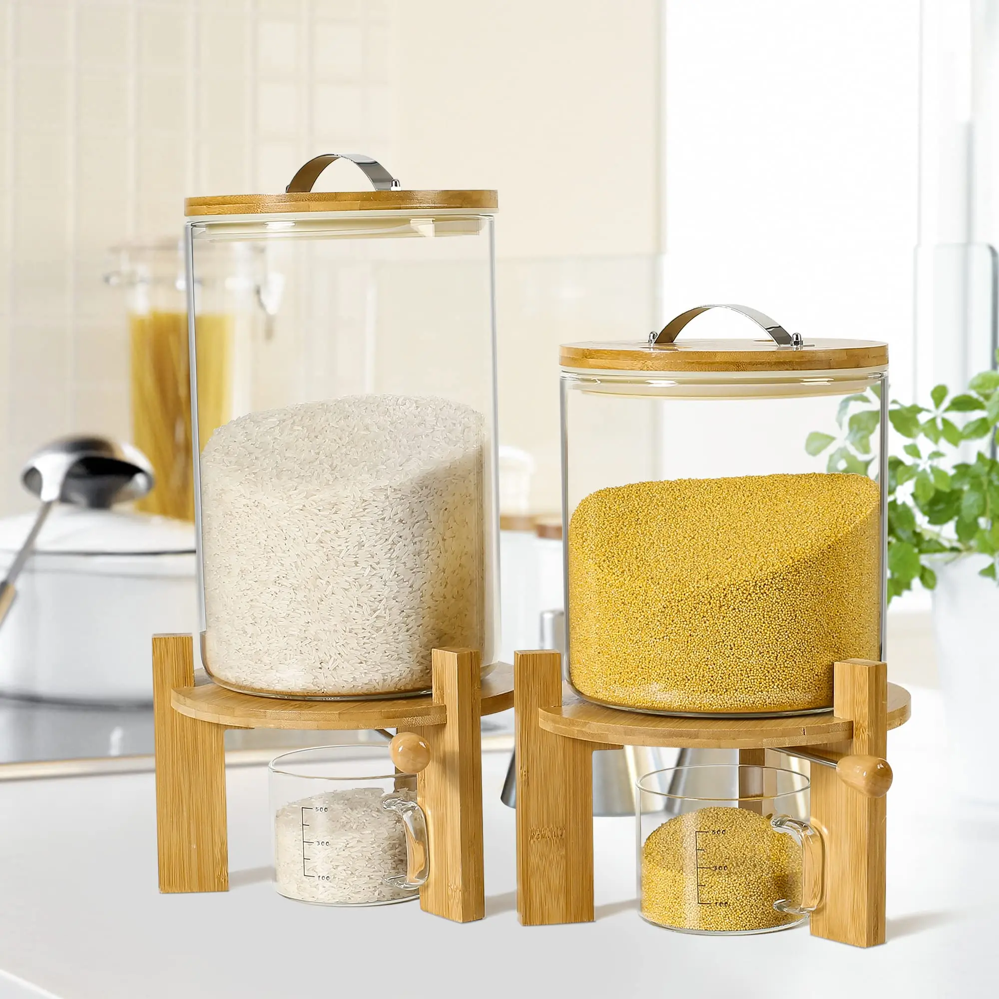 Glass Rice Dispenser With Airtight Lid Bamboo Stand Rice Storage Container Glass Food Storge Container for Kitchen Organization