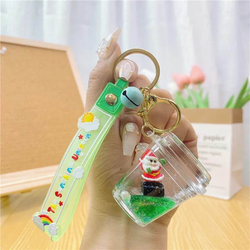 Creative Xmas Gift Quicksand Drift Bottle Car Keyring Cartoon Liquid Sock Snowman Santa Claus Christmas Tree Keychain
