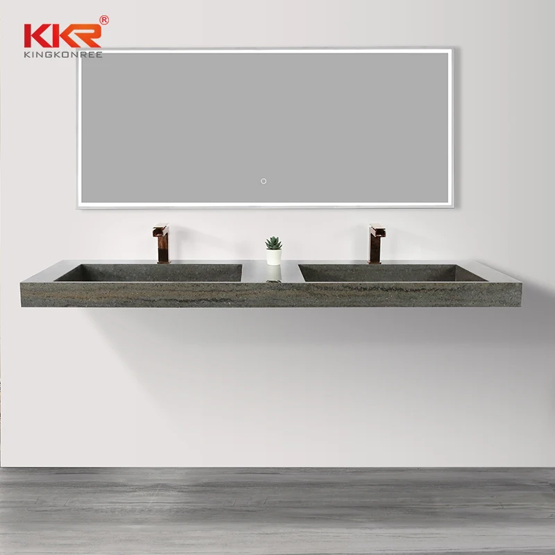 KKR customized wall hung solid surface double vanity sink with wooden shelf washbasin vanity set sink for bathroom