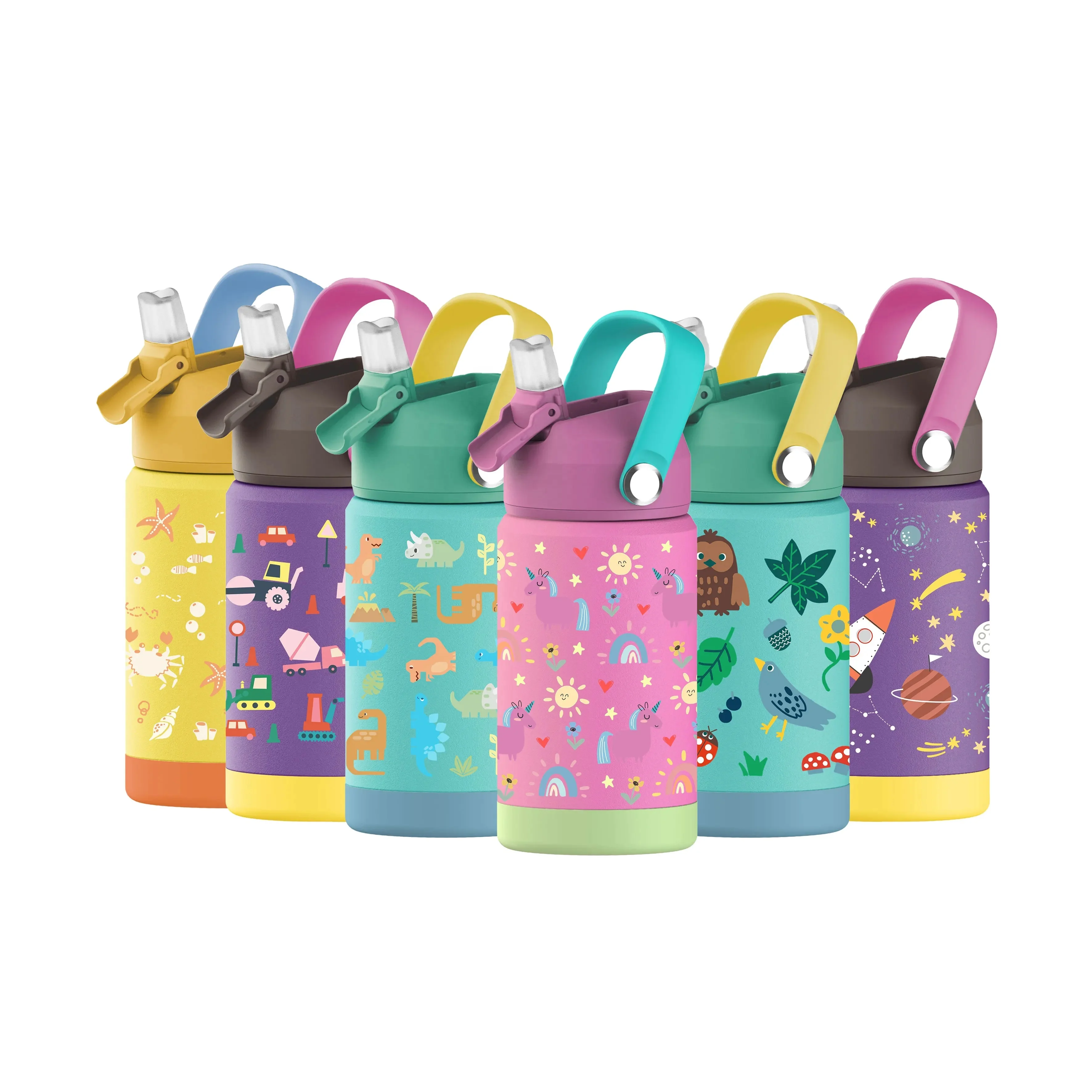 Cartoon Kids Water Bottle with Straw Double Wall Stainless Steel Thermal Bottle Vacuum Insulated for Toddlers