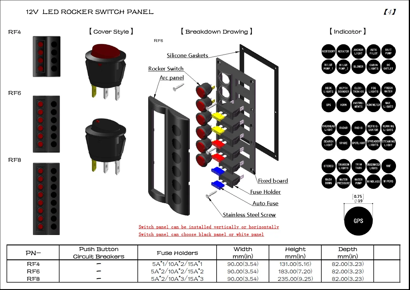 Marine Boat Splashproof Switch Panel 6 Gang With LED Indicator Rocker AUTO Fuses or protect