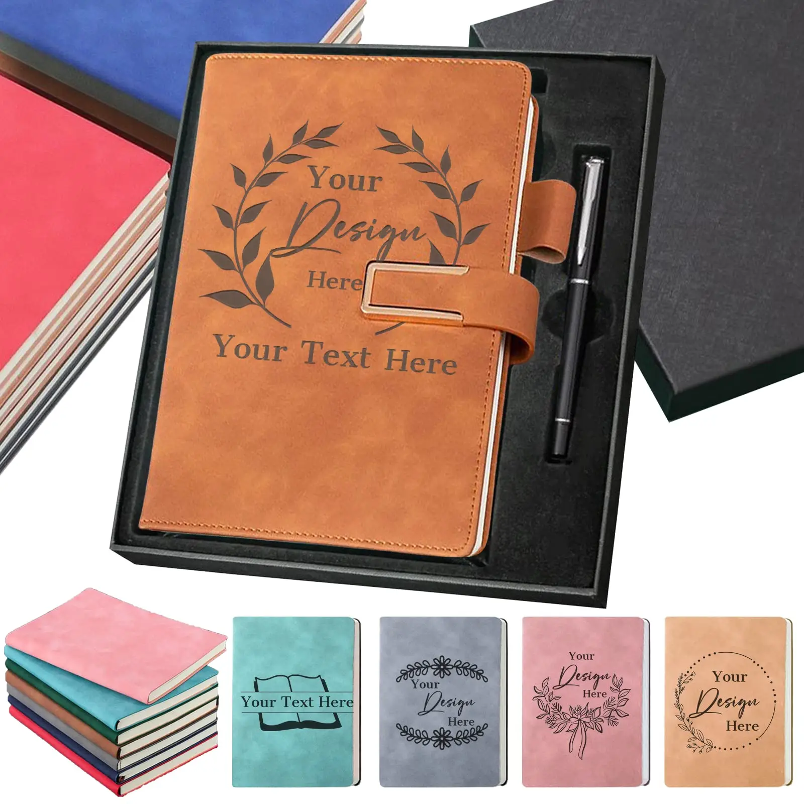 Leather Booklet Planner Schedule Calendar Case with Strap Custom Logo Label Brand Personalized Cover