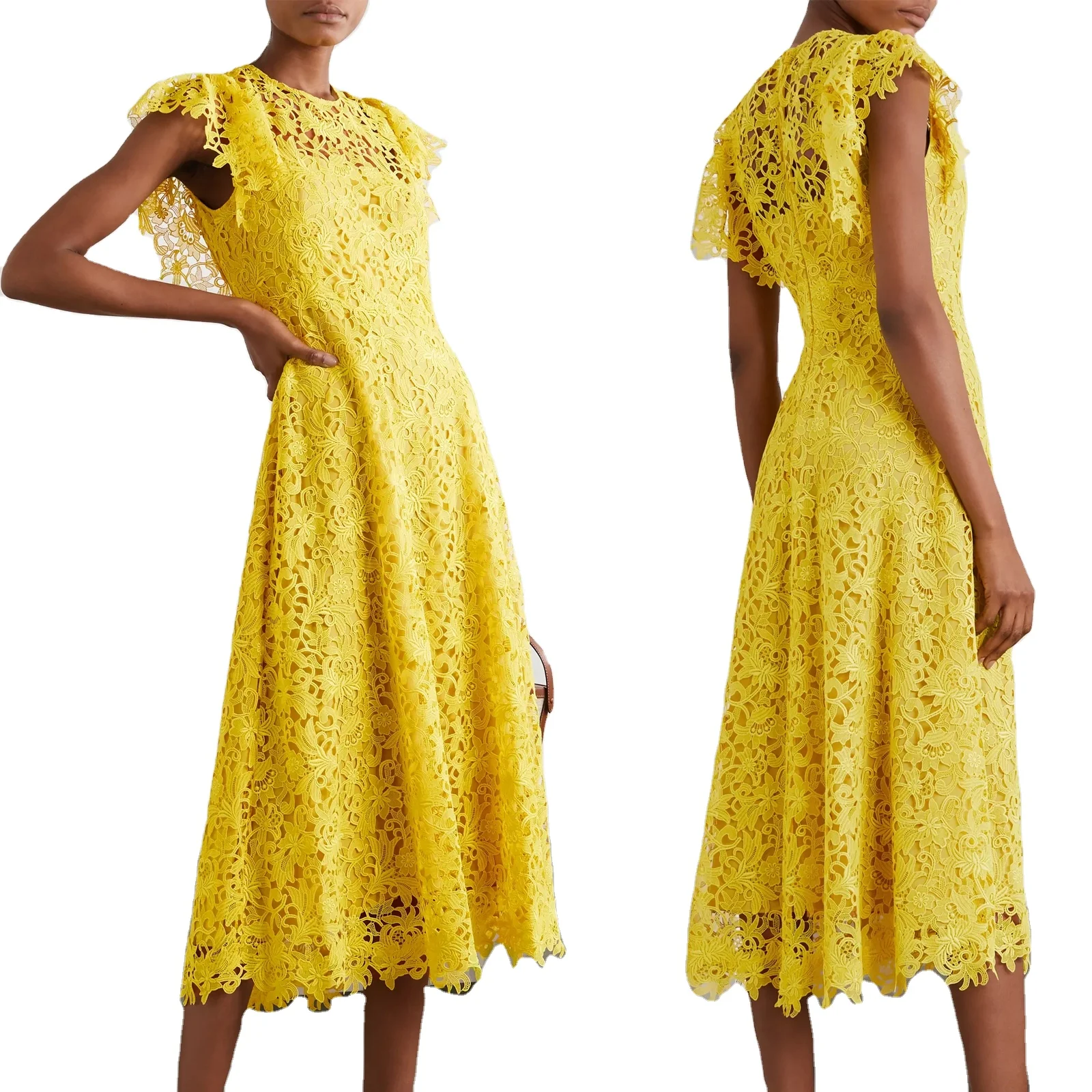 Wholesale 2021 New Arrivals Floral Cut Out Lace Ruffled Short Sleeve Midi Women Summer Dress