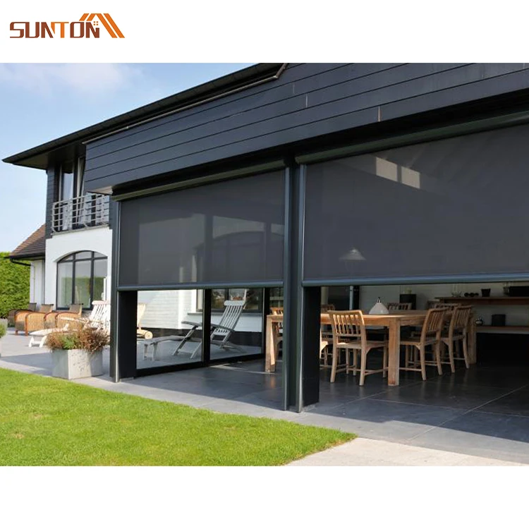Custom sunshading outdoor sun shading curtain zipped screen rolling shades exterior electric automatic sunshade roller blinds