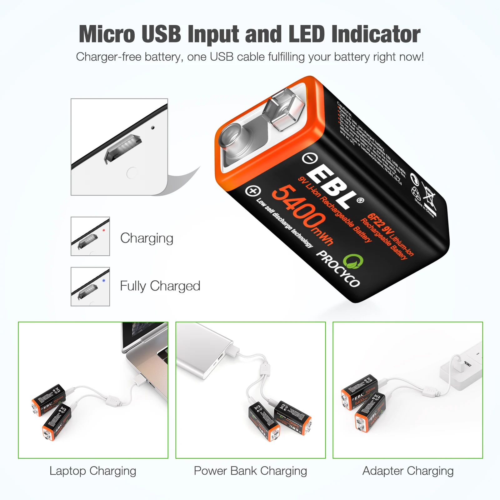 EBL Rechargeable Battery 600Mah Usb 9v Battery Rechargeable Led Light Rechargeable Batteries Usb