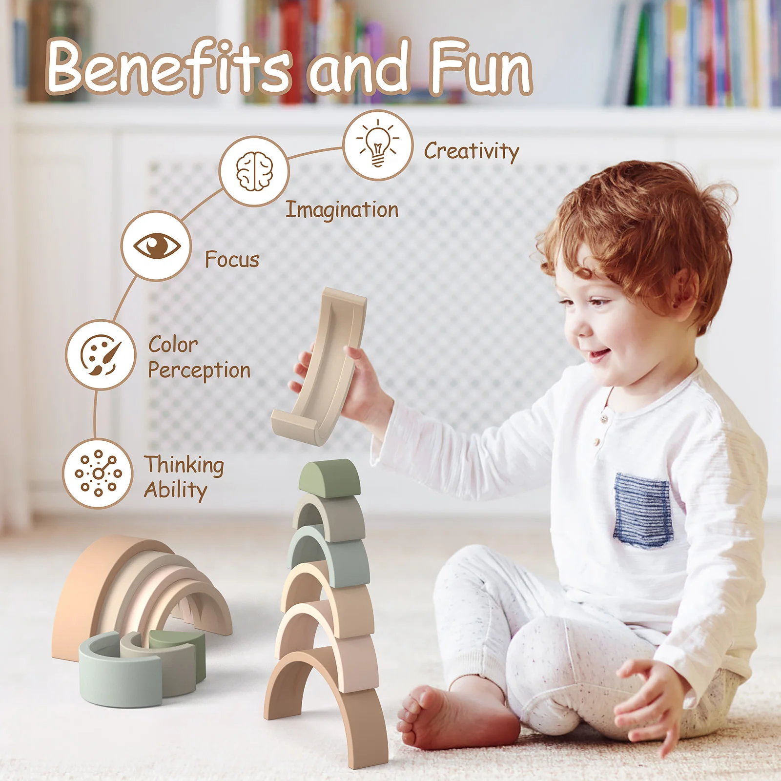Hot Sale 7 Layers Rainbow Brown BPA Free Food Grade Silicone Blocks Baby Chew Teething Kid Learning Rainbow Stacking Toys