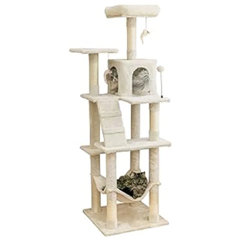 Beige Velvet Multi Level Cat Tower Natural Sisal Rope Wrapped Scratching Climbing Frame Tree Toys for Cats Inches Sisaal