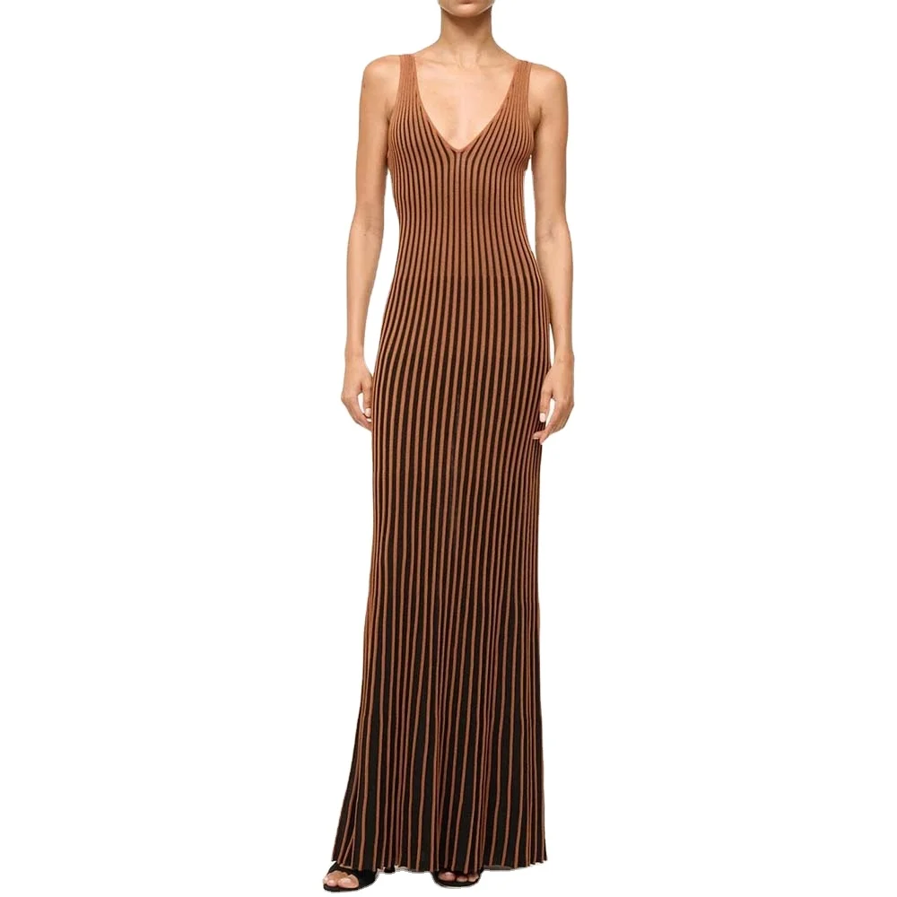 Knitwear Manufacturer Custom Sleeveless Midi-length Dress Rib Knit Slip-on Dress Deep V Neckline Knitted Dresses For Women