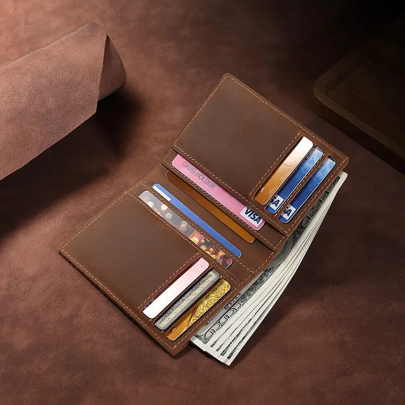 Custom Logo Crazy Horse Leather Bifold Wallet For Men High Quality Brown Real Cowhide Full Grain Cow RFID Leather Wallets Mens