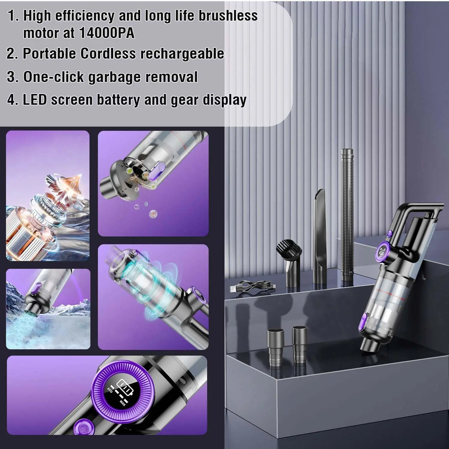 High Power 14000PA Car Vacuum Cleaner Electric Compressed Air Duster & Blower With LED Light