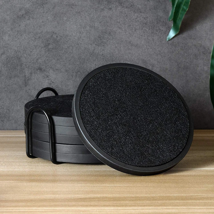 Wholesale Table Round Absorbent Drink Coffee Coasters Silicone High Quality Wool Felt Fabric With Leather Coasters Set Cup Mat