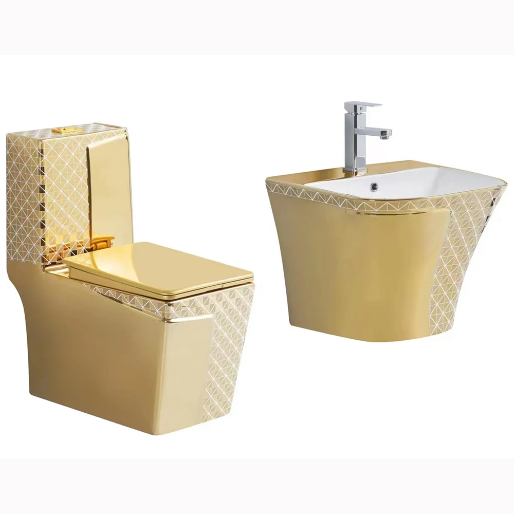 Bathroom Sanitary Ware Toilet Bowl Manufacturers China Ceramic Luxury Golden One Piece Water Closet and Basin Matching Set
