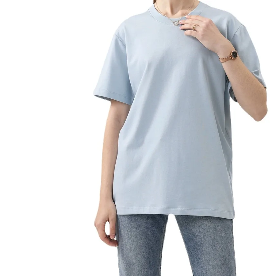 240gsm Solid Color Wide Short Sleeved 100% Cotton T-shirt Unisex Drop Shoulder Round Neck Loose T-shirt Pima Cotton Shirts