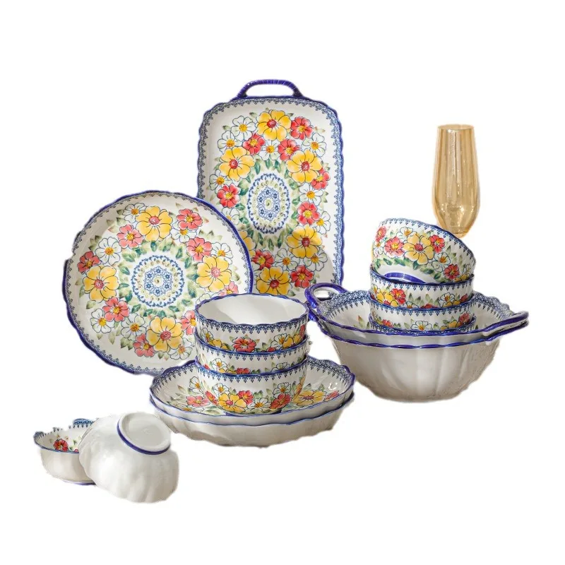 Flowers in Poland Bohemia Style Ceramic Dinnerware Set Cutlery with Color  Hand-painted Exquisite Creative Household Tableware