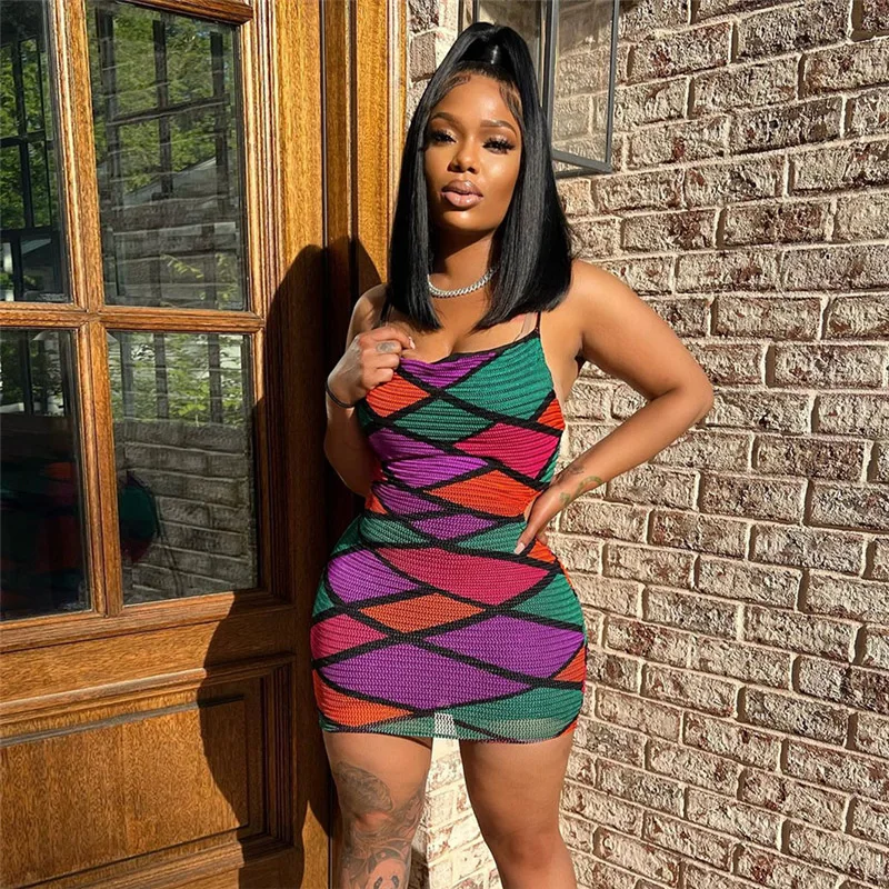 Spring Women Clothing Casual Dresses Elegant Colorful Printed Stripe Bodycon Dress Clothes