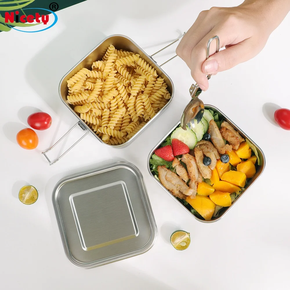 Square Lunch Box With Stainless Steel Complete Meal Prep 2 Layer Bento Box For Adult Leakproof Food Containers For Kids