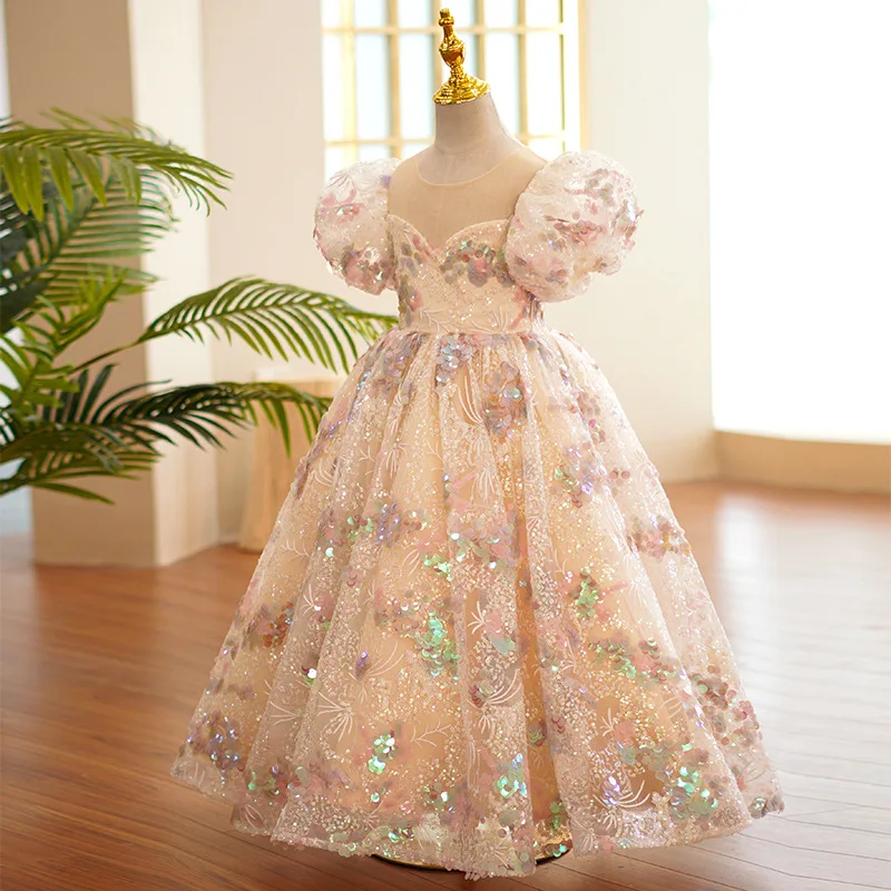 Summer Sequined Flower Girls Princess Puff Sleeve Maxi Evening Dresses Kids Performance Party Wedding Ball Gowns