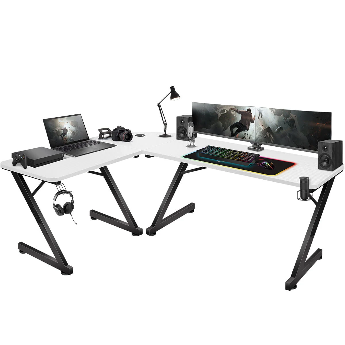 OEM Logo Z-Shaped Leg Desktop Fiber Carbon Surface White Color Table USB Plug LED RGB Gaming Computer Desk