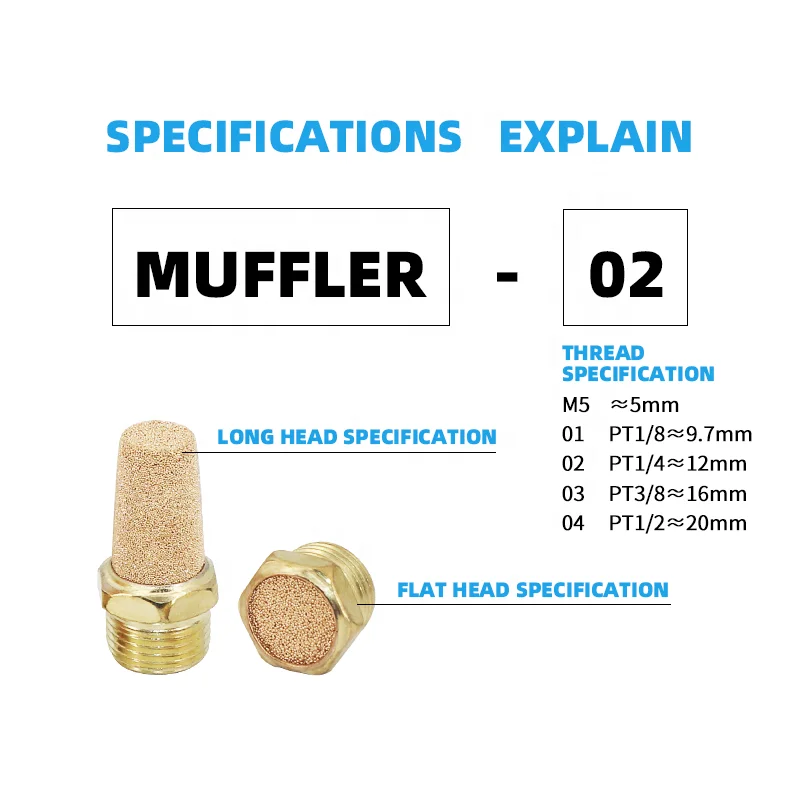 Pneumatic Silencer components BSL-02 flat head/adjustable/pagoda/throttling copper muffler sound filter brass thread connector