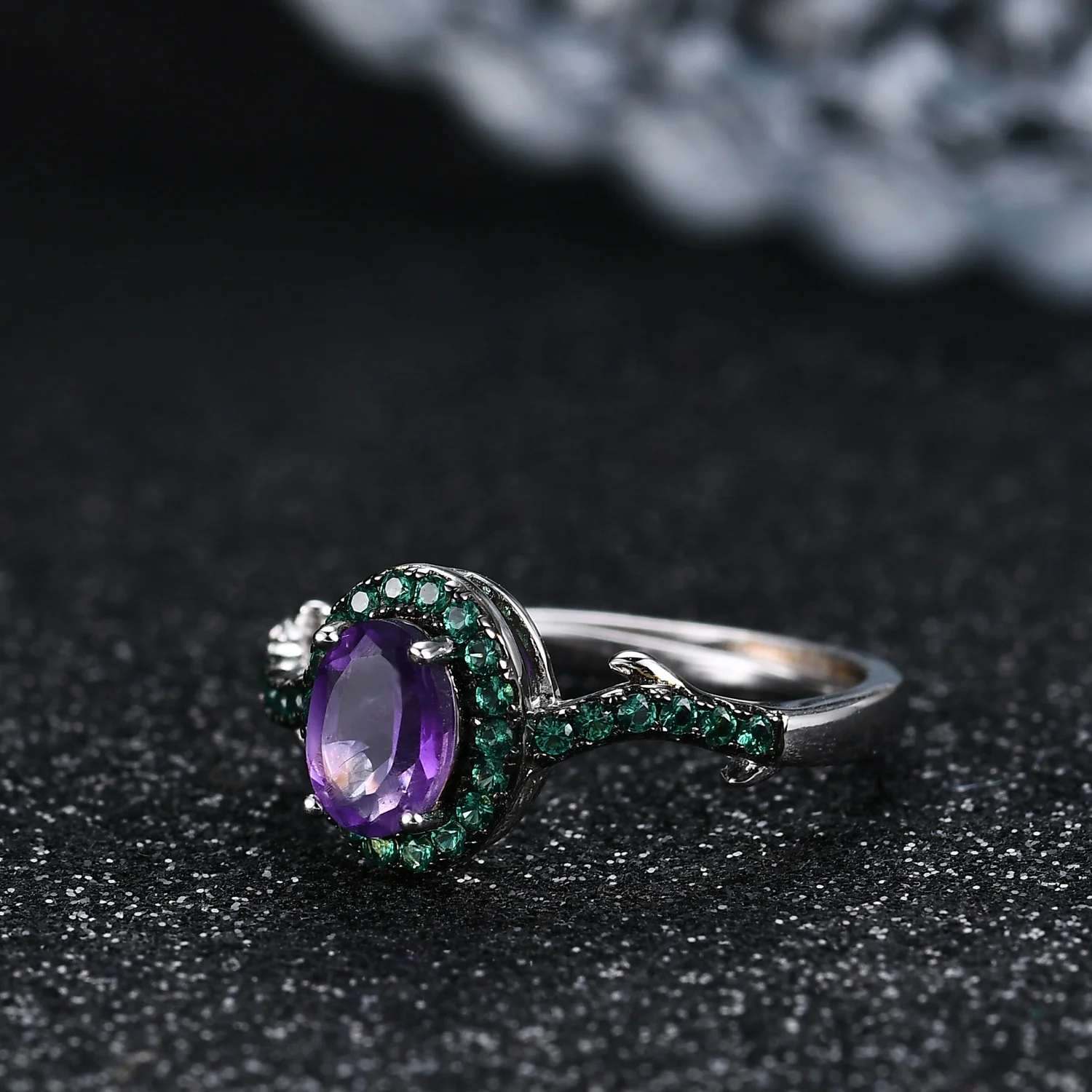 3 Years Plating Lasting Pure Silver Jewellery Natural Amethyst Gemstone Gold Plated Adjustable Silver Ring