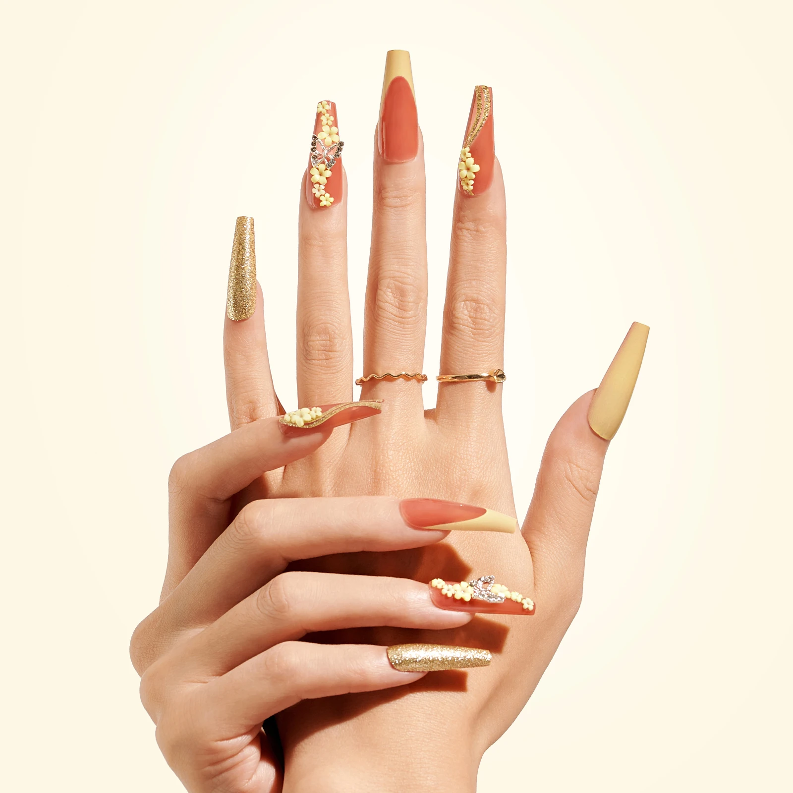 New Arrival 24pcs Long Coffin rhinestone decor floral &butterfly glitter fake nail press on