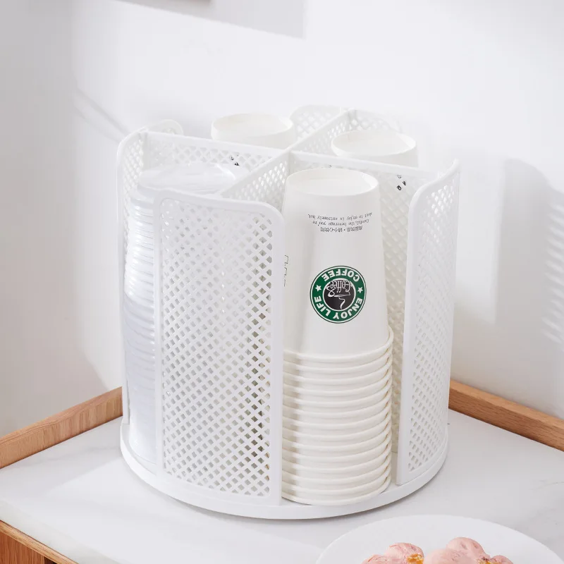 Paper Cup and Lid Holder 4 Compartment Rotation Plastic Cup Storage Organizer Coffee Cup Dispenser