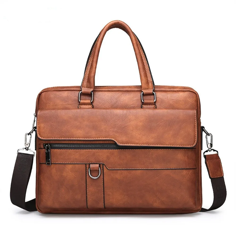 2020New Retro Men Solid Color Bag Faux Leather Briefcase Large Capacity Tote Shoulder Bag Large Casual Business Laptop Briefcase