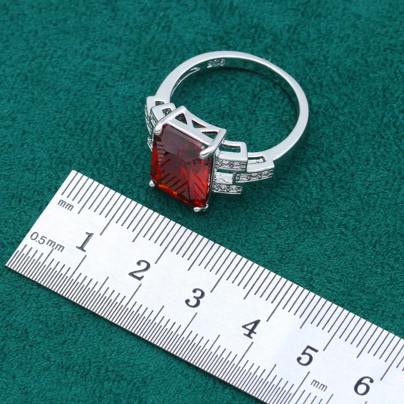 Geometric Silver Color Jewelry Set for Women Wedding Red Zircon Bracelet Earrings Necklace Pendants Ring Christmas Gift