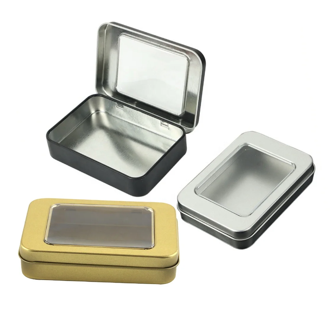 Wholesale Black Color Empty Storage Metal Case Small Hinged Rectangular Tin with Window