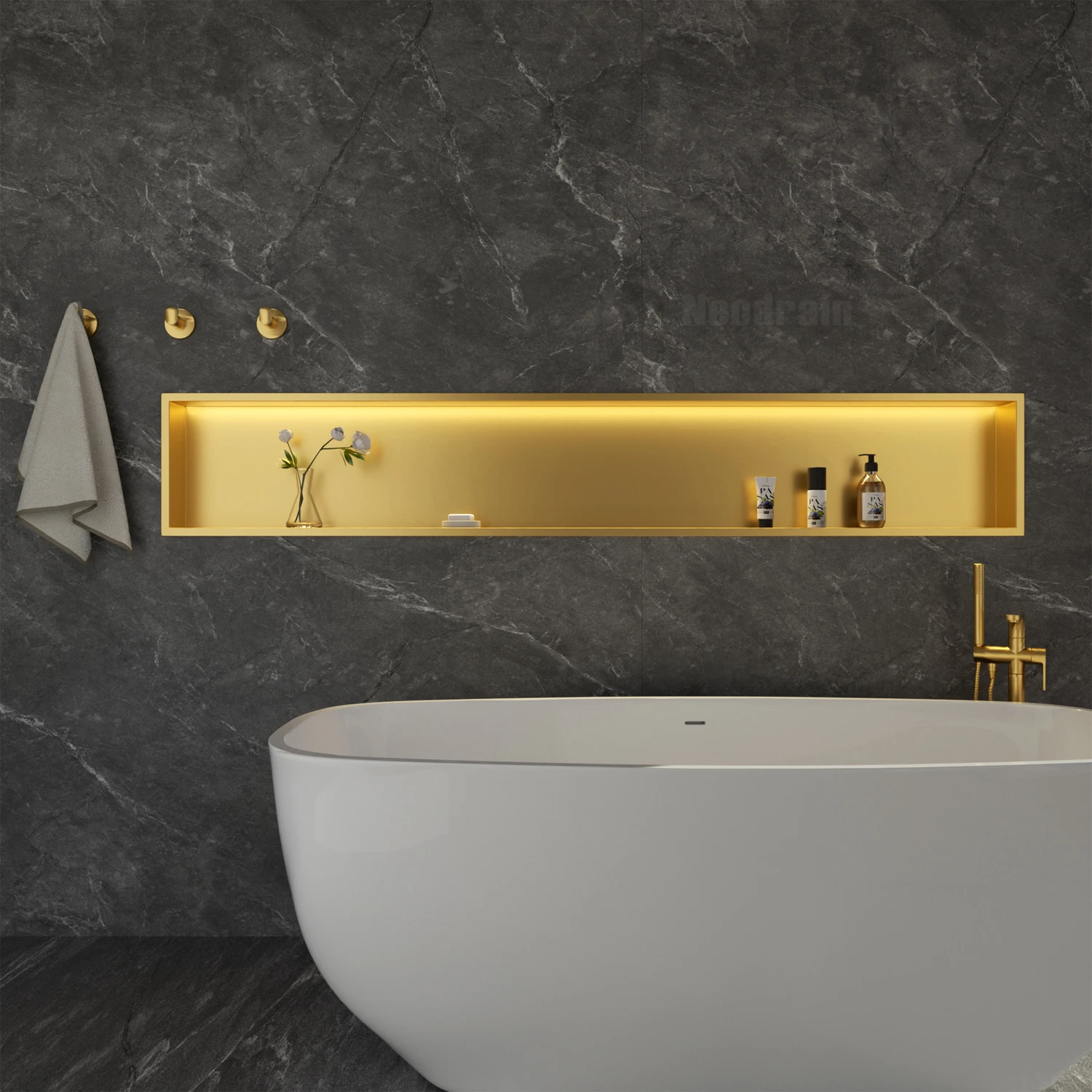 Dual Tier Golden Matte Black Brushed Wall Niche Stainless Steel 25 Inch Shower Niche Storage Shelves for Renovation