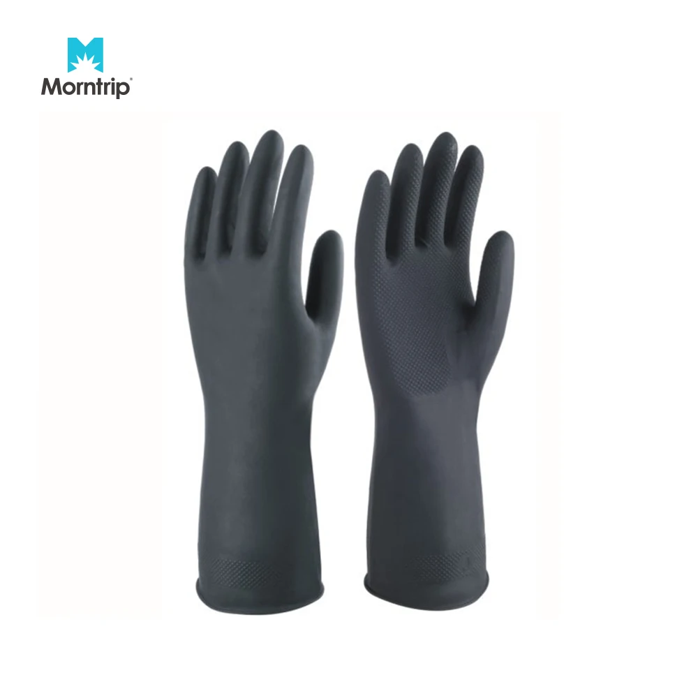 High Quality Lightweight Thin 33cm En388 Heavy Duty Black Flock Lined Natural Latex Diamond Grip Rubber Glove