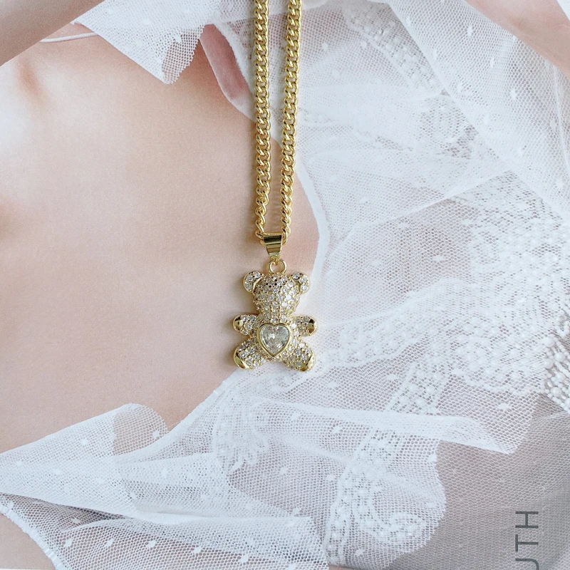 18K Gold Plated Multi Color Cubic Zircon Crystal Cute Bear Pendant Chain Animal Necklace