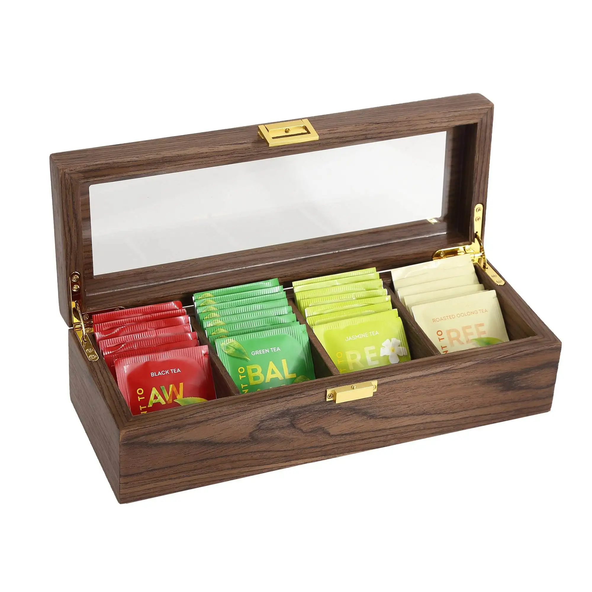 Factory directly sale wooden tea bag storage box with 4 compartments clear lid box
