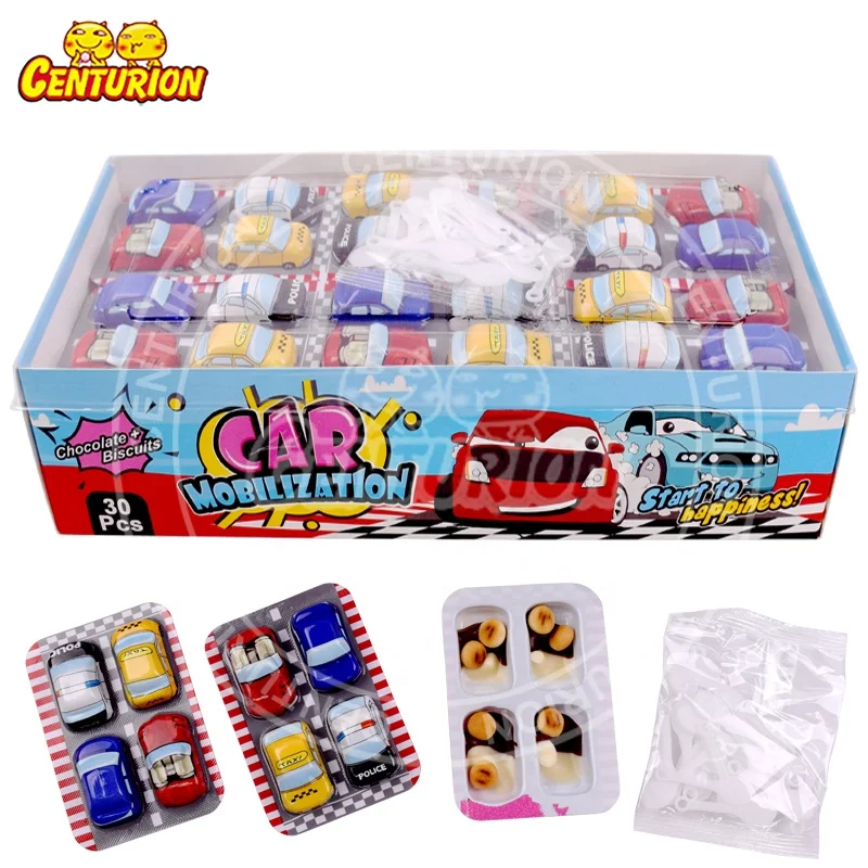 Wholesale new item 9 grams 4 in 1 cartoon mobilization car halal with biscuit ball surprise chocolate cup candy