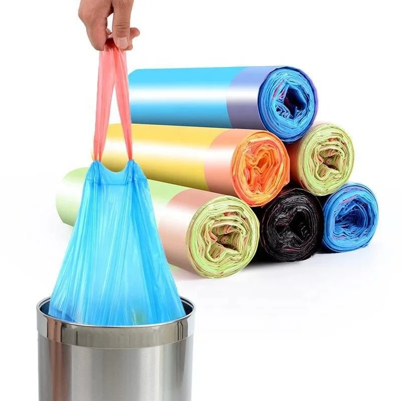 Plastic disposable drawstring trash bags on rolls for kitchen household can bins garbage disposal