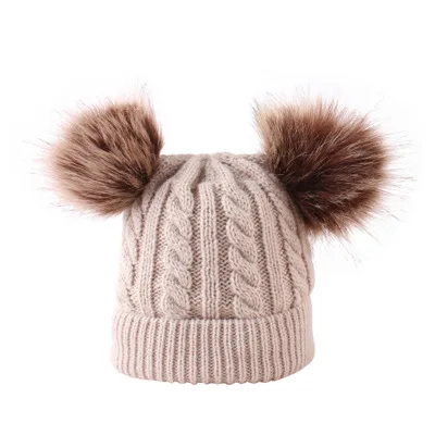 Fashion baby fur pompom caps winter fur twin pompon knitted caps