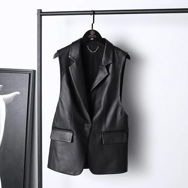 Synthetic leather single button women blazer collar sleeveless vegan leather classical ladies waistcoat vest