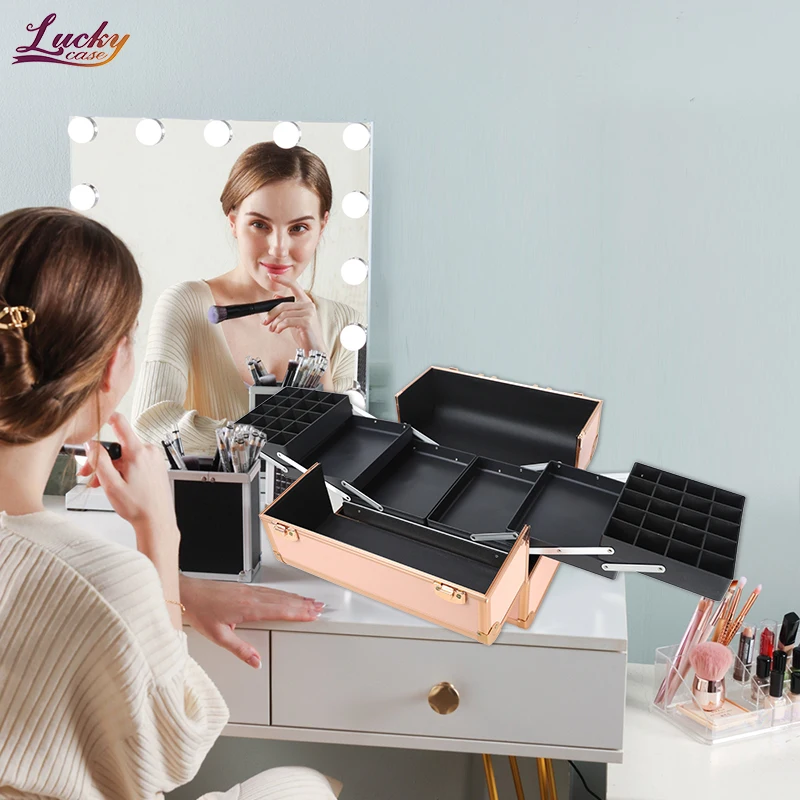 Rose Gold Makeup Suitcase Professional Makeup Case Beauty Cosmetic Box Makeup Train Case